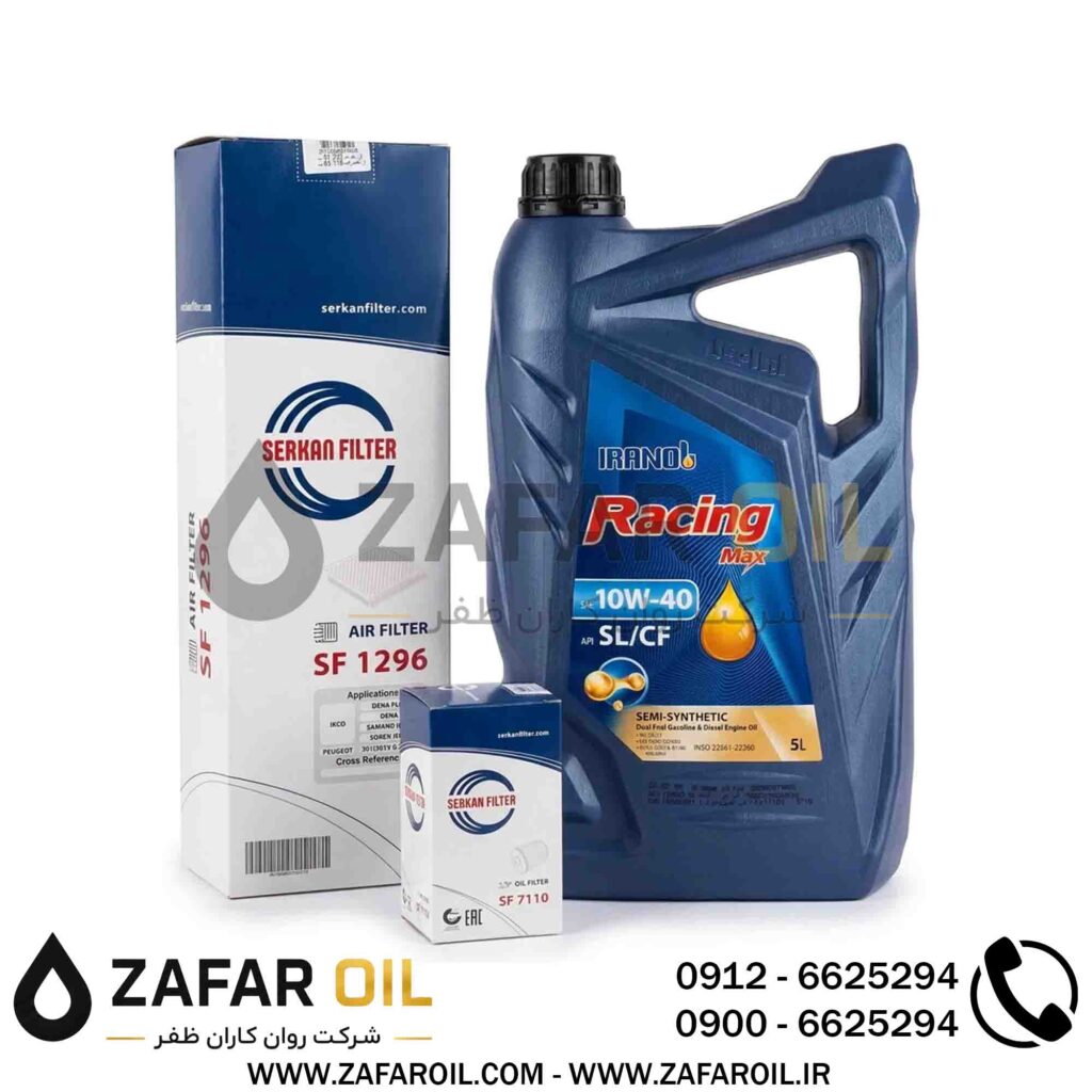 پکیج سرویس خودروهای ملی شامل روغن ایرانول ریسینگ مکس 10W-40 و فیلترهای سرکان