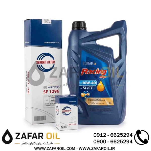 پکیج سرویس خودروهای ملی شامل روغن ایرانول ریسینگ مکس 10W-40 و فیلترهای سرکان
